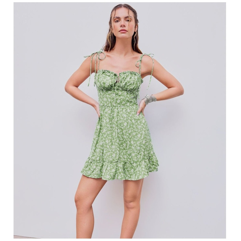 Cider Ditsy Floral Babydoll Mini Dress Tie Shoulder Ruffle Green Cottagecore M
